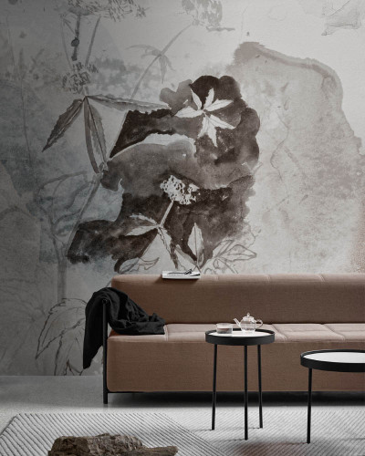Wallpaper contemporan cu motive florale in tonuri de gri si maro.