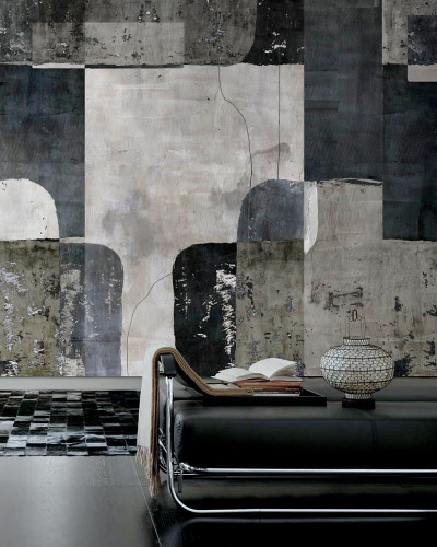 Tapet abstract cu design minimalist in nuante de gri si negru.