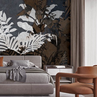 Tapet contemporan cu design floral,  nuanțe de maro și albastru,  ideal pentru living, dormitor sau birou