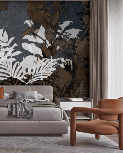 Tapet contemporan cu design floral,  nuanțe de maro și albastru,  ideal pentru living, dormitor sau birou