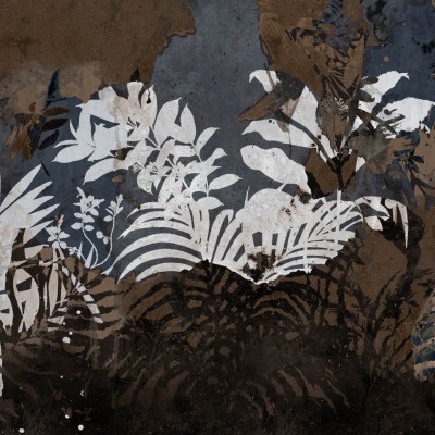 Tapet contemporan cu design floral,  nuanțe de maro și albastru,  ideal pentru living, dormitor sau birou