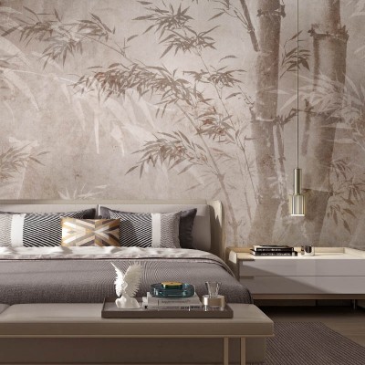 Tapet contemporan Haiku, cu design de bambus in nuante de gri si maro, ideal pentru dormitoare sau livinguri