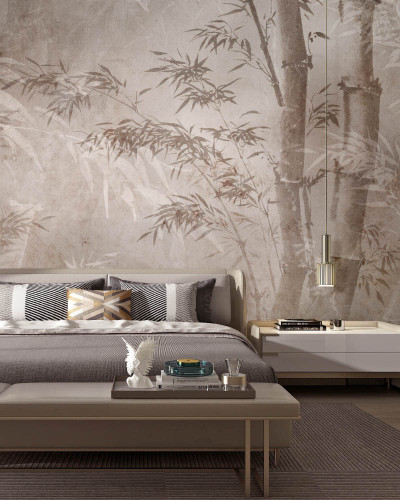 Tapet contemporan Haiku, cu design de bambus in nuante de gri si maro, ideal pentru dormitoare sau livinguri