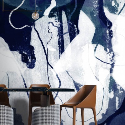 Tapet abstract contemporan cu design unic in nuante de albastru si gri.