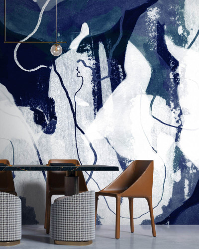 Tapet abstract contemporan cu design unic in nuante de albastru si gri.