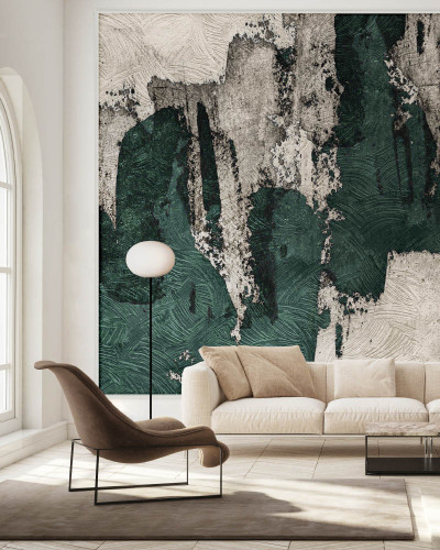 Fototapet abstract modern cu tonuri neutre și accente de verde intens.