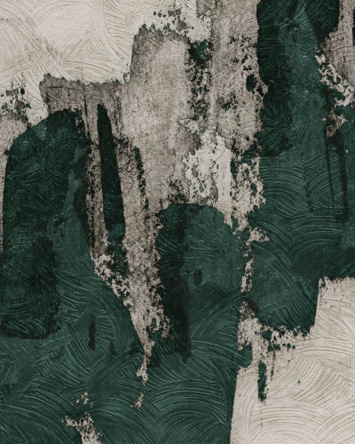 Fototapet abstract modern cu tonuri neutre și accente de verde intens.