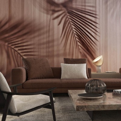 Tapet contemporan cu design minimalist Oblivion, ce prezintă umbre delicate de frunze de palmier pe un fundal texturat