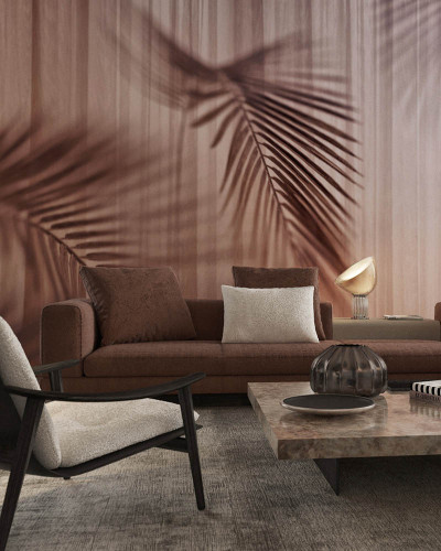 Tapet contemporan cu design minimalist Oblivion, ce prezintă umbre delicate de frunze de palmier pe un fundal texturat