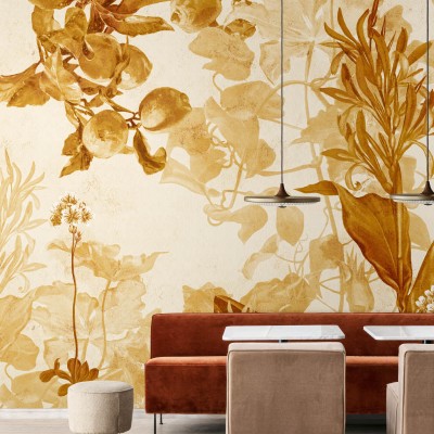 Tapet cu design floral, culori calde de galben, perfect pentru un decor modern și sofisticat.