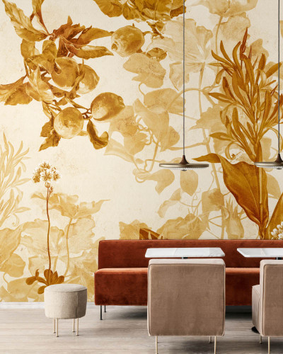 Tapet cu design floral, culori calde de galben, perfect pentru un decor modern și sofisticat.