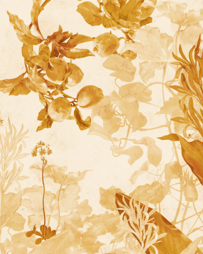 Tapet cu design floral, culori calde de galben, perfect pentru un decor modern și sofisticat.