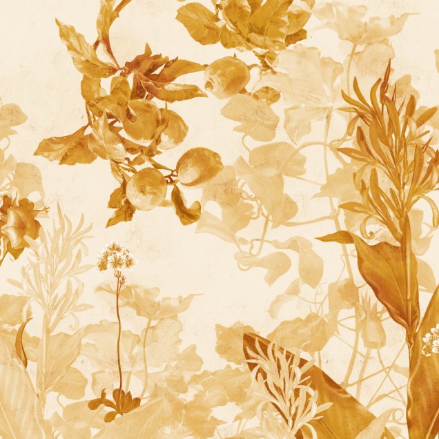 Tapet cu design floral, culori calde de galben, perfect pentru un decor modern și sofisticat.