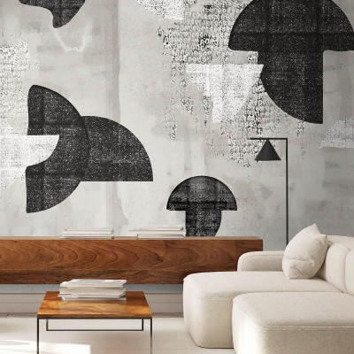Tapet contemporan cu design geometric, gri pe un fundal alb, cu forme geometrice simple.