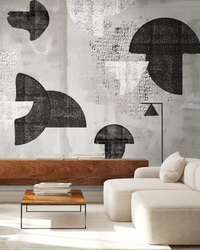 Tapet contemporan cu design geometric, gri pe un fundal alb, cu forme geometrice simple.