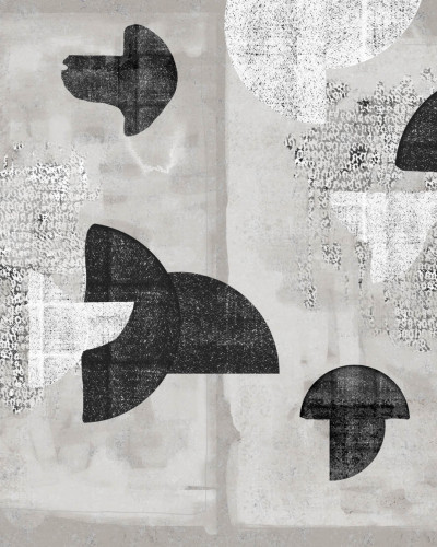 Tapet contemporan cu design geometric, gri pe un fundal alb, cu forme geometrice simple.