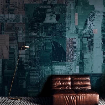 Tapet modern Urban Glitch II cu design abstract, culori gri, verde închis, un aspect digital glitch.