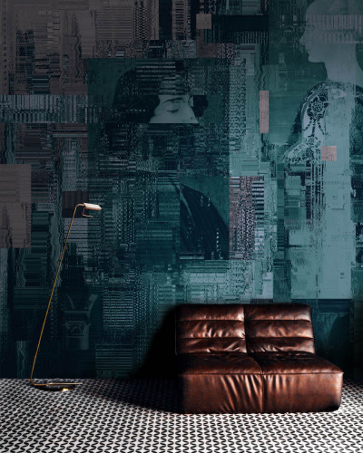 Tapet modern Urban Glitch II cu design abstract, culori gri, verde închis, un aspect digital glitch.