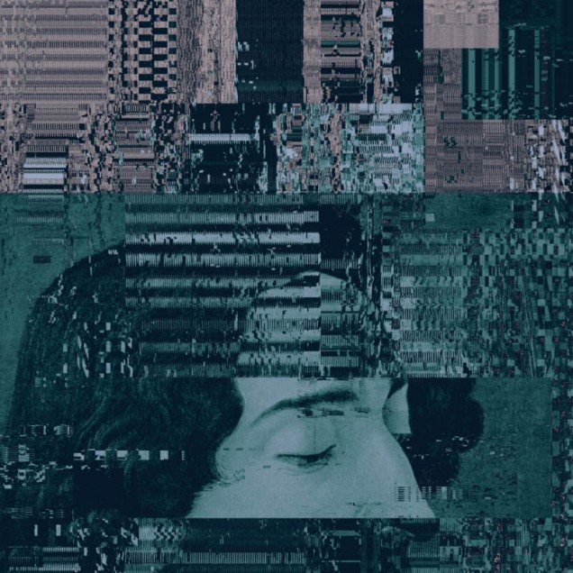 Tapet modern Urban Glitch II cu design abstract, culori gri, verde închis, un aspect digital glitch.