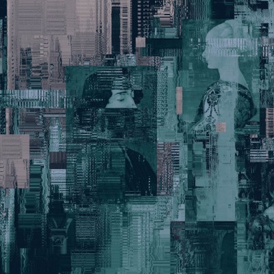 Tapet modern Urban Glitch II cu design abstract, culori gri, verde închis, un aspect digital glitch.