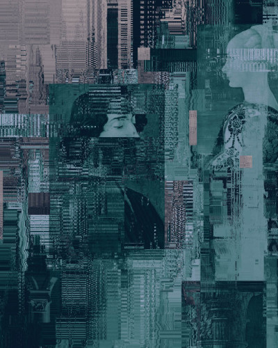 Tapet modern Urban Glitch II cu design abstract, culori gri, verde închis, un aspect digital glitch.