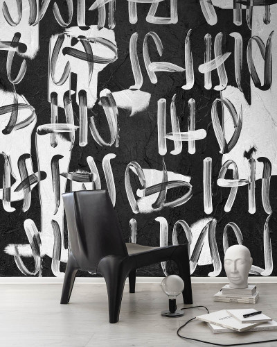 Tapet modern cu design minimalist, in alb si negru, cu linii groase, aplicate cu o tusă artistică.