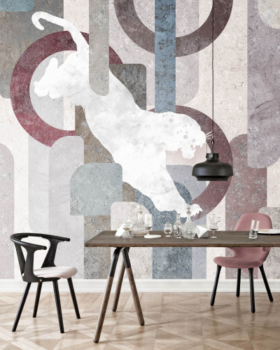 Tapet abstract modern cu tigru alb pe fundal geometric