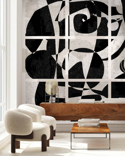 Tapet geometric contemporan in alb si negru pentru decorarea peretilor