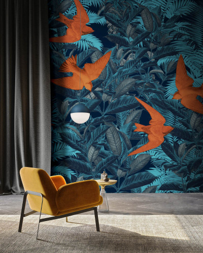 Tapet modern cu design exotic, cu păsări și frunze tropicale, în nuanțe de albastru și portocaliu.