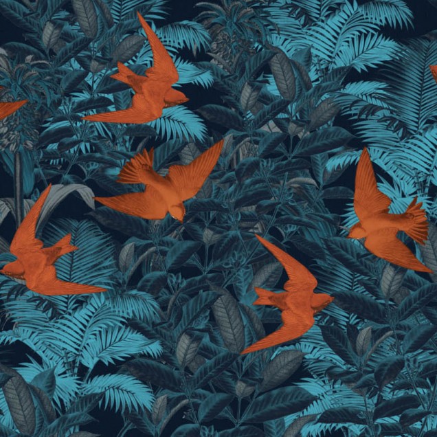 Tapet modern cu design exotic, cu păsări și frunze tropicale, în nuanțe de albastru și portocaliu.