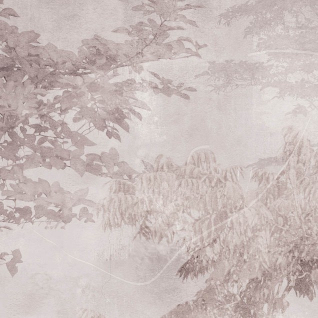 Tapet contemporan cu design abstract de pădure, ilustrând o pădure misterioasă în nuanțe de gri și maro.