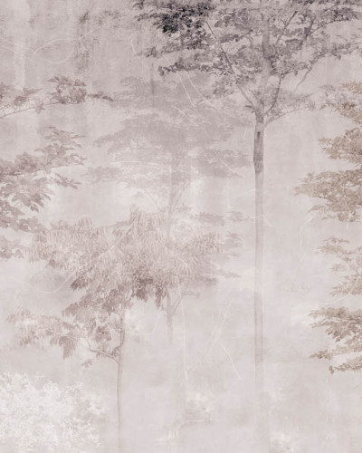 Tapet contemporan cu design abstract de pădure, ilustrând o pădure misterioasă în nuanțe de gri și maro.