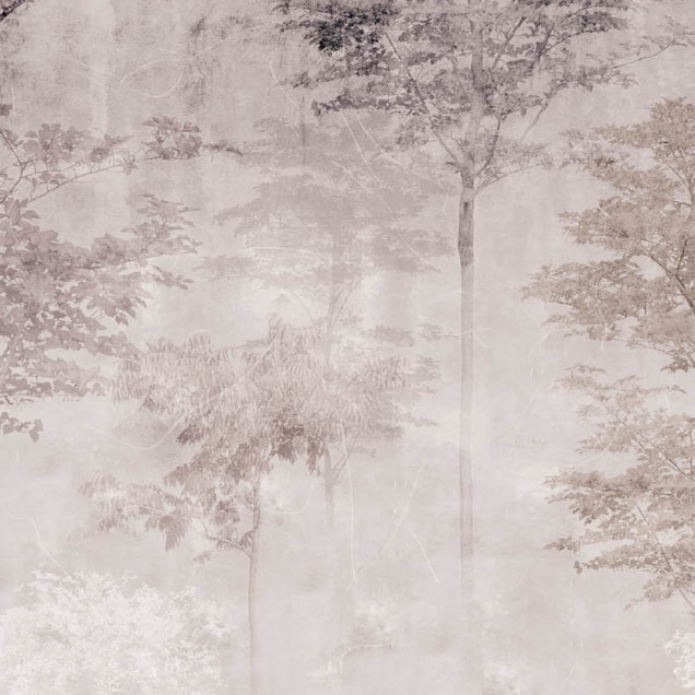 Tapet contemporan cu design abstract de pădure, ilustrând o pădure misterioasă în nuanțe de gri și maro.