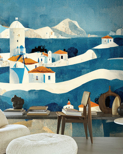Tapet contemporan cu un design inspirat din Mediterana, care prezintă case albe cu acoperișuri portocalii pe un fundal albastru vibrant.