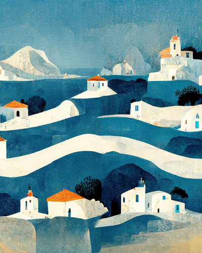 Tapet contemporan cu un design inspirat din Mediterana, care prezintă case albe cu acoperișuri portocalii pe un fundal albastru vibrant.