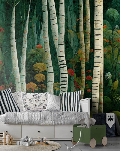 Tapet contemporan cu design de pădure. Imaginea prezintă o pădure cu copaci înalți și un design modern.