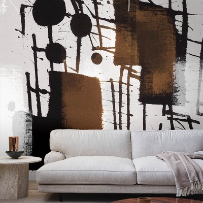 Tapet abstract cu linii geometrice și forme în culori neutre, negru, gri și maro. Se poate aplica în living, dormitor sau birou. Oferă un aspect modern și minimalist.