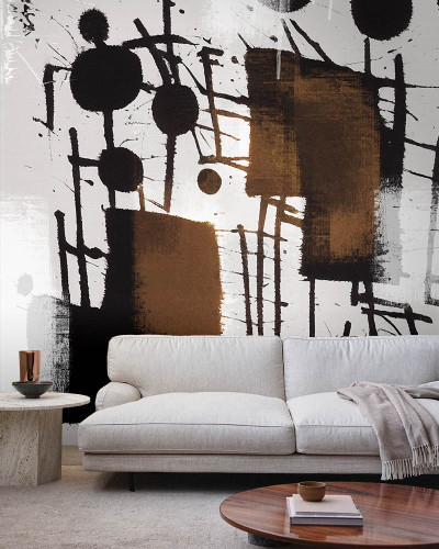 Tapet abstract cu linii geometrice și forme în culori neutre, negru, gri și maro. Se poate aplica în living, dormitor sau birou. Oferă un aspect modern și minimalist.