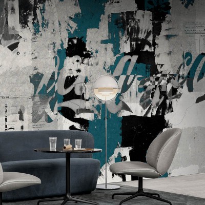 Wallpaper contemporan cu design abstract in nuanțe de gri, negru și turcoaz.