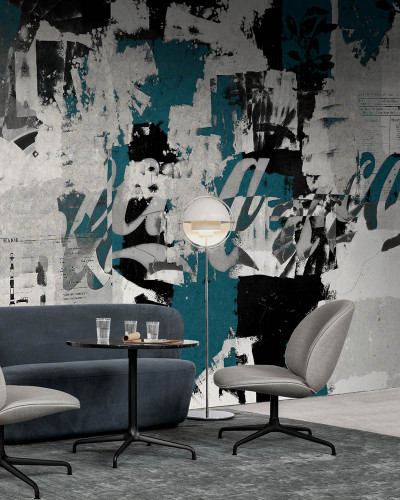 Wallpaper contemporan cu design abstract in nuanțe de gri, negru și turcoaz.