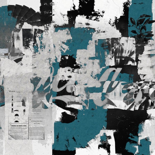 Wallpaper contemporan cu design abstract in nuanțe de gri, negru și turcoaz.