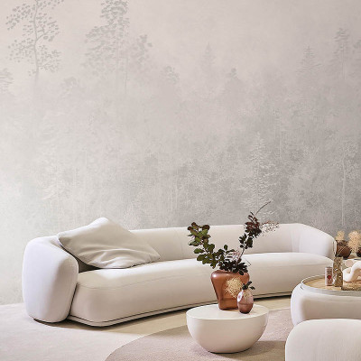 Tapet contemporan cu design minimalist, cu siluete de copaci într-o nuanță gri deschis pe un fundal alb.