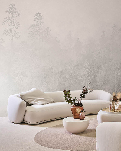 Tapet contemporan cu design minimalist, cu siluete de copaci într-o nuanță gri deschis pe un fundal alb.