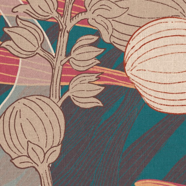 Tapet floral cu design elegant și sofisticat, cu accente botanice, în tonuri de verde, roz și crem.