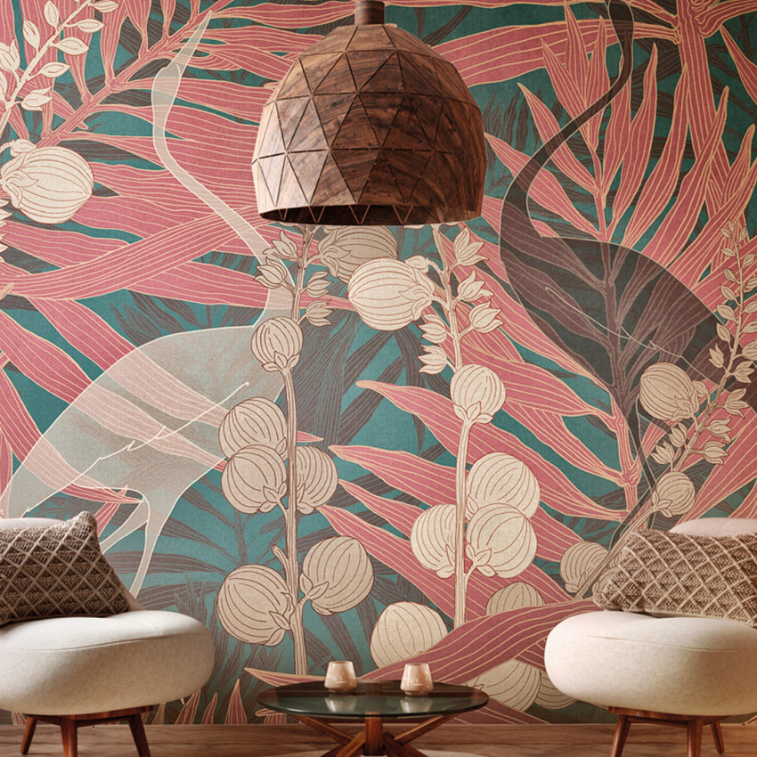 Tapet floral cu design elegant și sofisticat, cu accente botanice, în tonuri de verde, roz și crem.