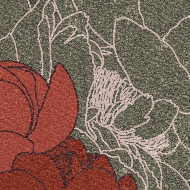 Tapet floral Sketchbook / Seraphine, Variant 1, Inkiostro Bianco, cu flori roz, verde și maro,  pe un fundal gri