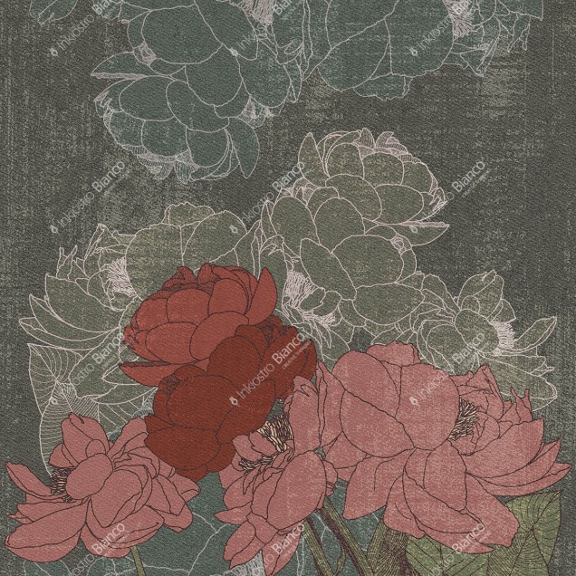 Tapet floral Sketchbook / Seraphine, Variant 1, Inkiostro Bianco, cu flori roz, verde și maro,  pe un fundal gri