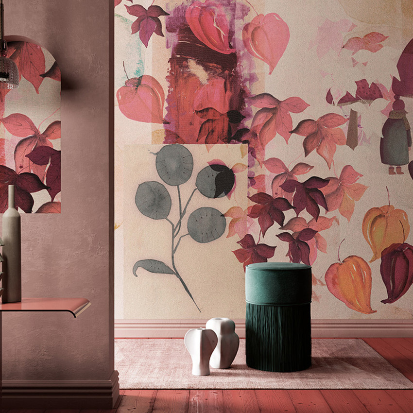Tapet cu design modern, inspirat de toamna, cu frunze si flori in culori calde