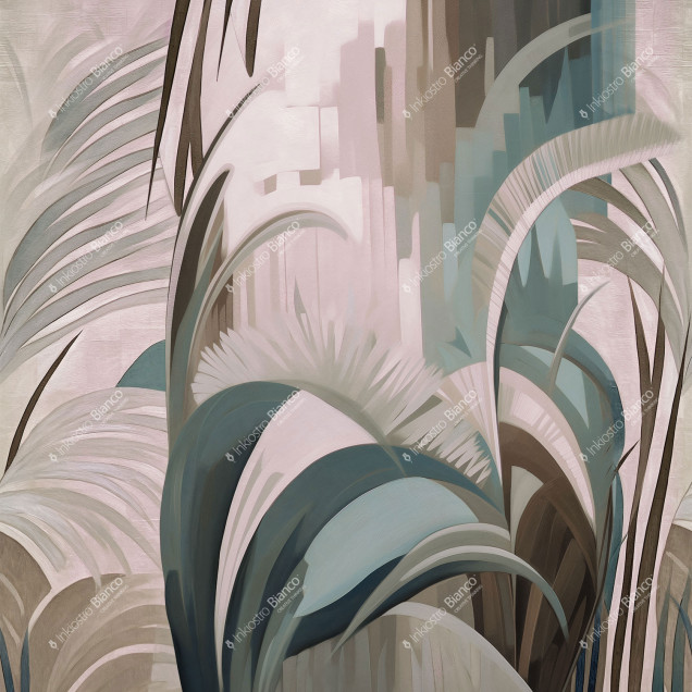Wallpaper cu design abstract, Shore, Variant 2, cu frunze stilizate în culori calde de verde, maro și roz pal.