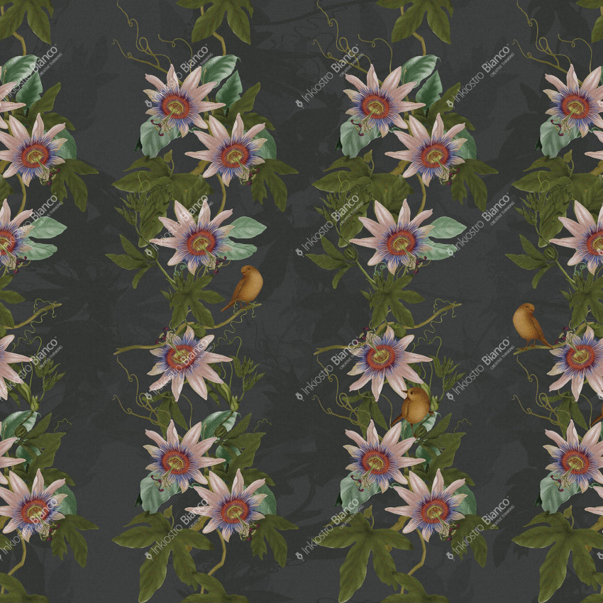 Tapet floral exotic cu flori de pasiune si pasarele